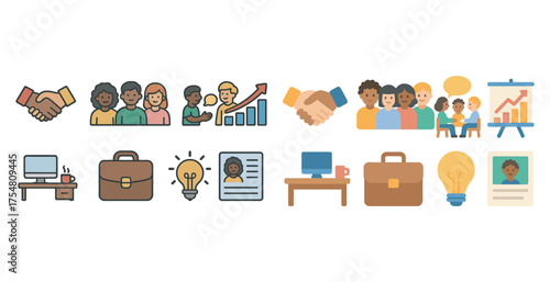 Business and teamwork icons set – flat, outline, leadership and collaboration symbols
