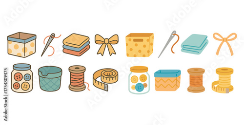 Sewing and crafting flat icons set – design, needlework, and crafting symbols