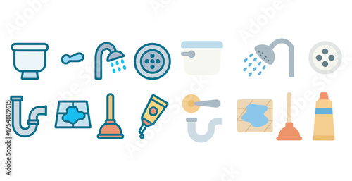Plumbing and bathroom outline icons set – flat, solid, repair and maintenance symbols