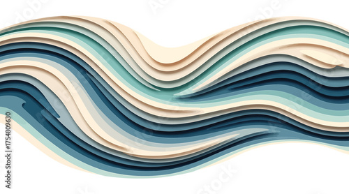 Vector art of abstract wave background with a layered paper cut effect, creating a visually dynamic and modern design with shades of blue, beige, and white