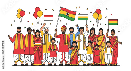 Illustration of a diverse group of people in traditional Ghanaian clothing holding flags and balloons on a white background.