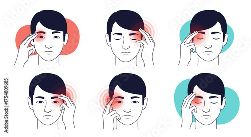 Illustrations depicting individuals experiencing eye discomfort and pain.