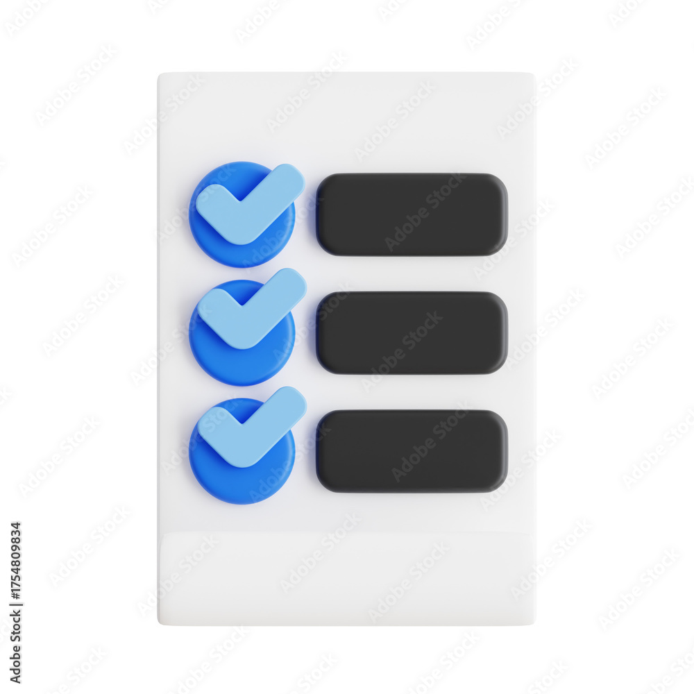 Obraz premium Checklist with three blue checkmarks on a white paper background with three blank black rectangular boxes for tasks on a transparent background