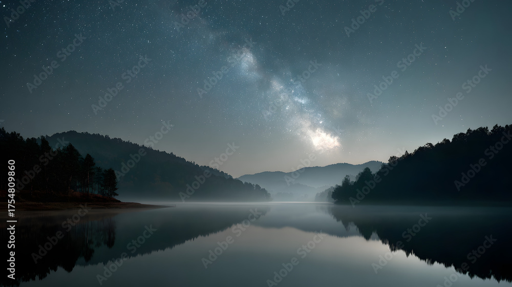 Fototapeta premium Stunning Milky Way galaxy reflecting in a serene lake at night