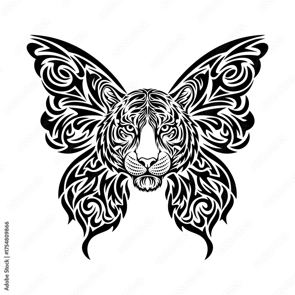 Obraz premium Tribal style illustration of a tiger head combined with butterfly wings, black and white artistic animal hybrid vector graphic.