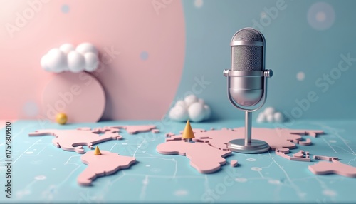 Mic sits on map with clouds. Podcast global radio sound concept. World communication and broadcasting business on pastel background. Modern art design with microphone. Digital trendy icon.
