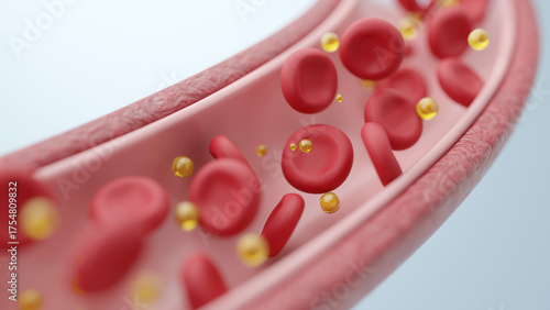 High cholesterol level with fatty acid and red blood cells in an artery concept of hyperlipidemia 3d illustration