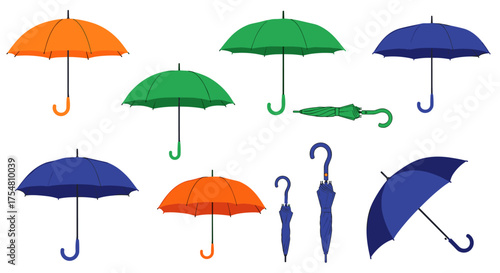 A collection of colorful umbrellas displayed on a white background.