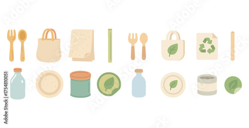 Eco-friendly flat icons set – recycling, sustainability, waste reduction symbols