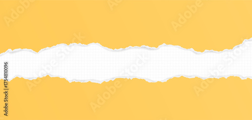Yellow piece of paper with torn edges and soft shadow are on white background for text or ad.
