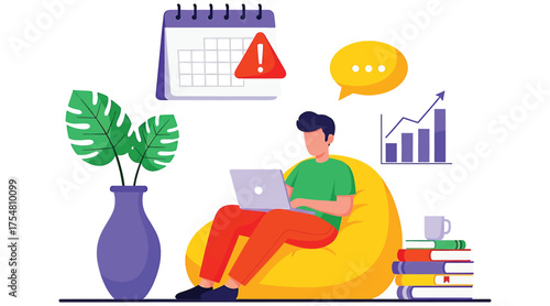 Vector art of a man is working on a laptop in a beanbag chair, he is looking at a calendar with a warning sign, and a chart showing growth