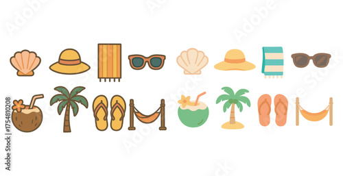 Beach and vacation flat icons set – summer, holiday, relaxation graphics