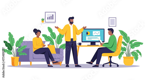 Vector art of a diverse group of people are meeting in an office, they are discussing business and looking at charts on a computer screen