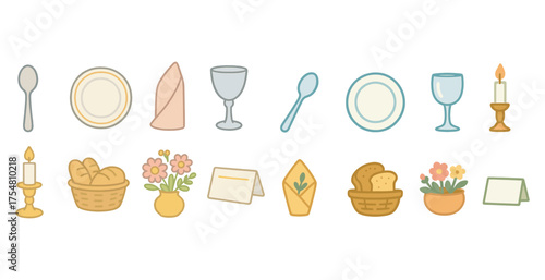 Dining and tableware outline icons set – flat, culinary, restaurant essentials