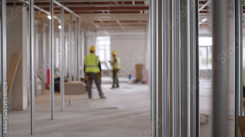 Wallpaper Mural Indoor construction site with metal framing and workers wearing safety vests and hard hats, indicating building development or renovation. Torontodigital.ca