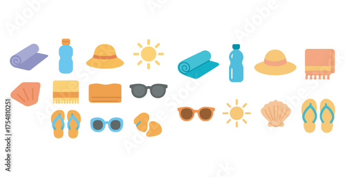 Beach vacation flat icons set – summer, holiday, and travel symbols