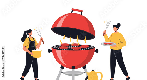 People enjoying a vibrant summer barbecue cooking delicious food on a grill outdoors with utensils.
