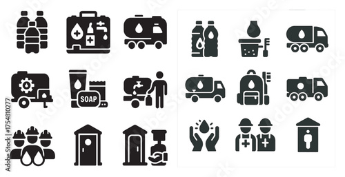 Water resources silhouette icons set – solid, filled, hydration and sanitation symbols