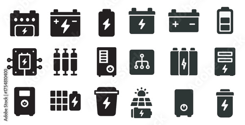 Energy and battery solid icons set - filled, power, charging symbols