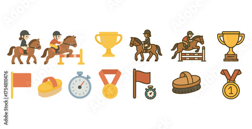 Equestrian sports icons set – flat, filled, horse riding and competition symbols