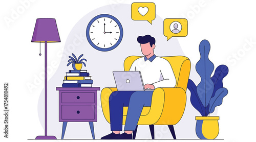 Vector art of a man is sitting in a yellow armchair and working on a laptop, with a clock, lamp, and plant in the background, he is getting likes and messages