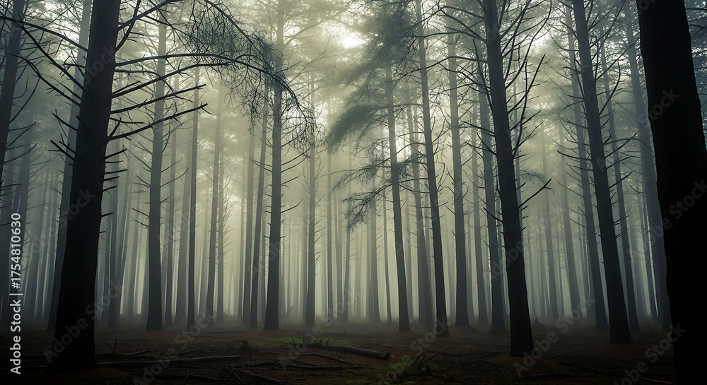 Fototapeta premium Misty Morning in a Tranquil Forest with Sunbeams Through Tall Trees