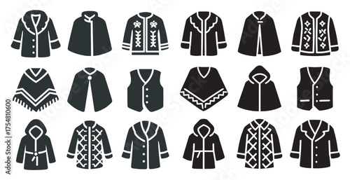 Traditional clothing solid icons set – silhouette, cultural, ethnic apparel symbols