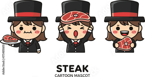 Cartoon steak mascot, food character, black suit, top hat, red tie, plate, holding steak, funny, vector, illustration, branding, restaurant, chef, meat, 