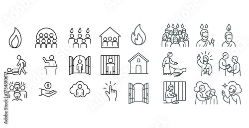 Religion and community line icons set – outline, faith, spiritual symbols