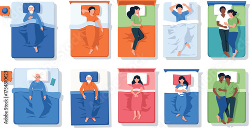 Cartoon sleeping positions, diverse beds, sleep habits, couples, solo, back, side, curled, vector, illustration, colorfulbedtime, night, blanket, pillow, 