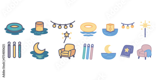 Relaxation and comfort outline icons set – cozy, leisure, soothing symbols