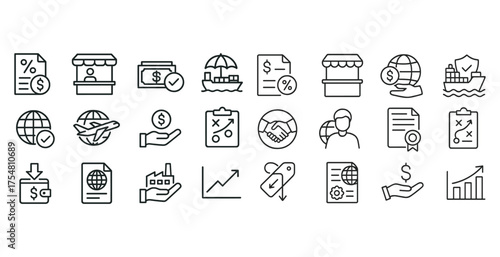 Business and finance line icons set – outline, vector, money and trade symbols
