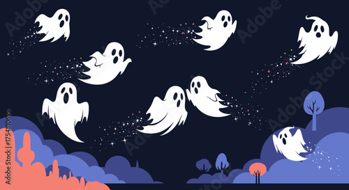 A playful gathering of friendly ghosts floats across a dark night sky above a whimsical landscape.