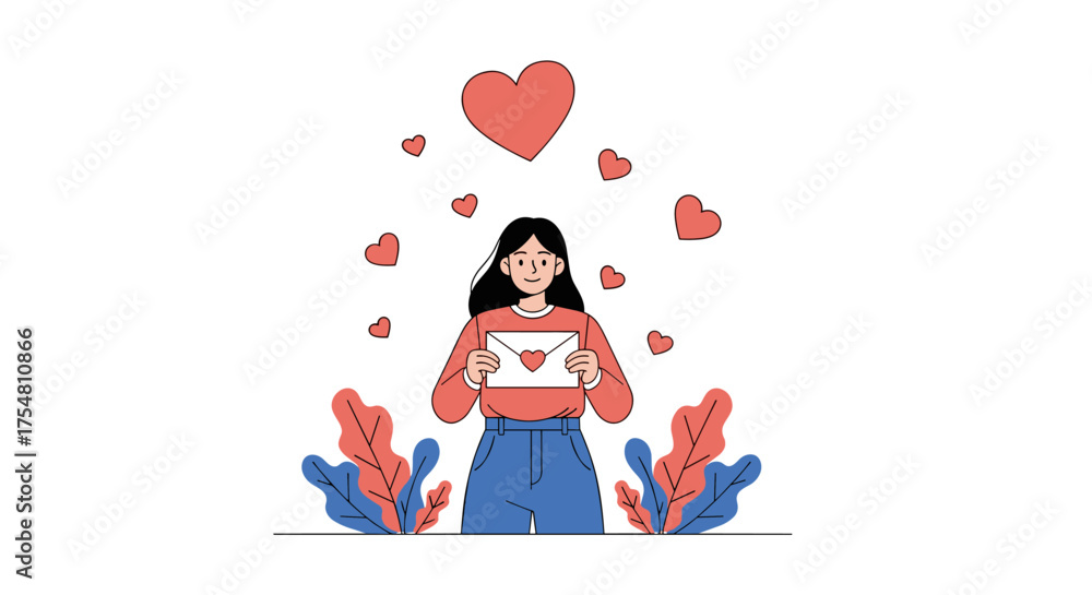 Fototapeta premium A young woman holds a love letter surrounded by hearts and foliage expressing affection and care.