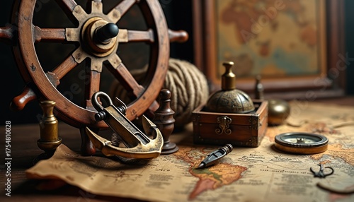 Vintage nautical still life photo. Wooden ship wheel anchor map and compass in a retro decor. Items illustrate sea travel exploration adventure and navigation history.