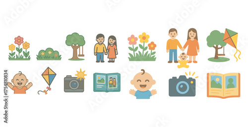 Family and travel icons set – flat, filled, playful vacation symbols