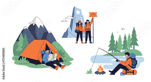 An illustrated scene depicting various outdoor adventure activities like camping hiking and fishing.