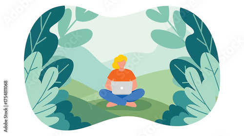 Vector art of a woman sits crosslegged in a lush green meadow, surrounded by vibrant foliage, working on her laptop, enjoying the tranquility of nature while staying connected