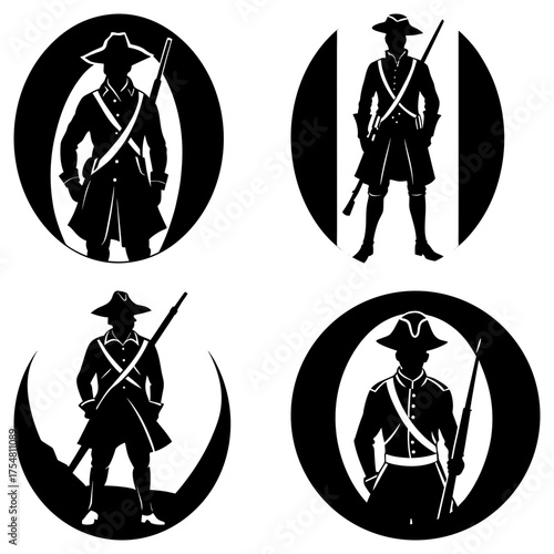 Four silhouettes of revolutionary war soldiers with muskets in circular and crescent shapes design