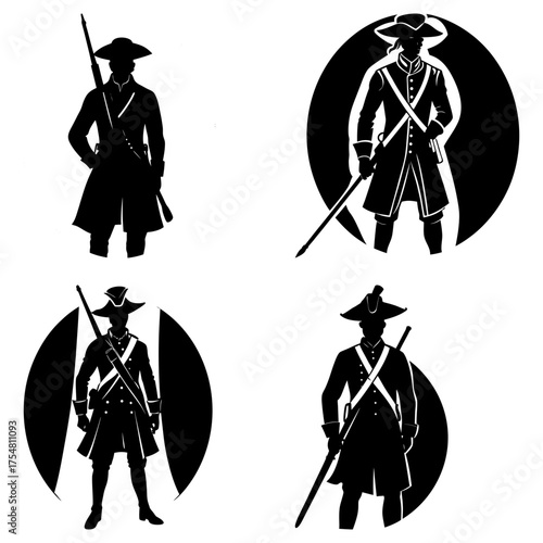 Silhouette illustrations of revolutionary war soldiers in various poses and compositions on white background