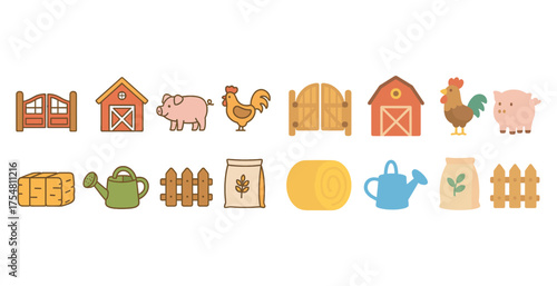 Farm animals and equipment icons set – flat, filled, agriculture and gardening symbols