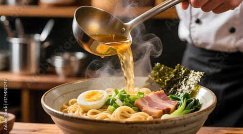 Chef Pouring Broth Into Ramen