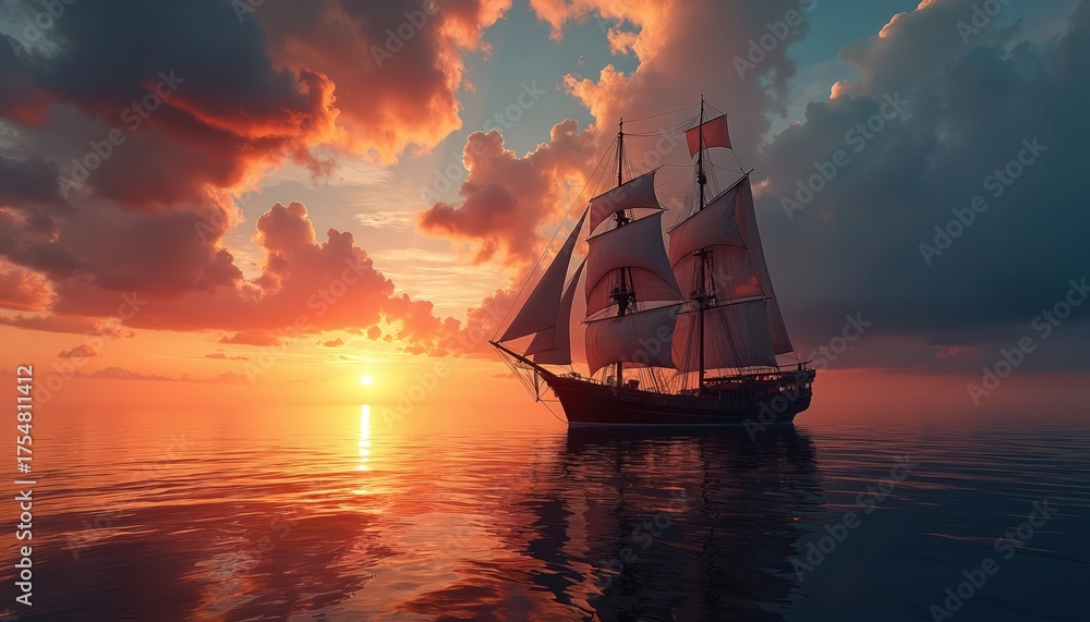 Obraz premium Grand tall ship sails peacefully on calm ocean water. Vessel moves across sea at sunset. Golden orange sun light reflects on waves, sky. Clouds glow bright with sun rays. Peaceful marine scene.