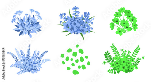 A collection of watercolor illustrations of various blue and green flowering plants arranged in a grid.