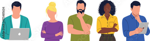 Diverse cartoon characters, professional expressions, teamwork concept, thinking pose, crossed arms, digital devices, collaboration, illustration, vector art, modern workplace