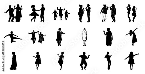 Diverse people dancing singing and performing silhouette