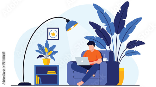 Vector art of a man is sitting in an armchair, working on his laptop, with a lamp and a plant next to him, he is wearing an orange shirt