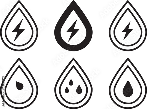 Identical Water droplet icons set, with a lightning bolt illustration