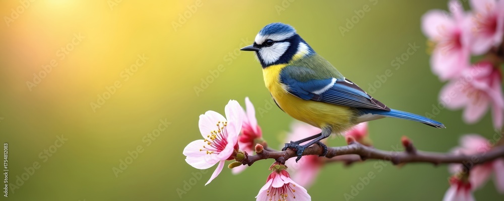 Fototapeta premium Small blue tit bird rests on cherry blossom branch during spring time. Bird watches out with sharp eye near pink petals with yellow pollen. Soft sun light falls on feathered animal.