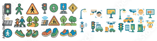 Traffic and pedestrian flat icons set – filled, isometric, road safety symbols